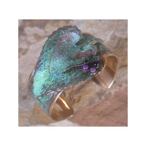 Click to view detail for EC-013 Cuff Bracelet Solid Brass Double Leaf - Amethyst, Charoite $110